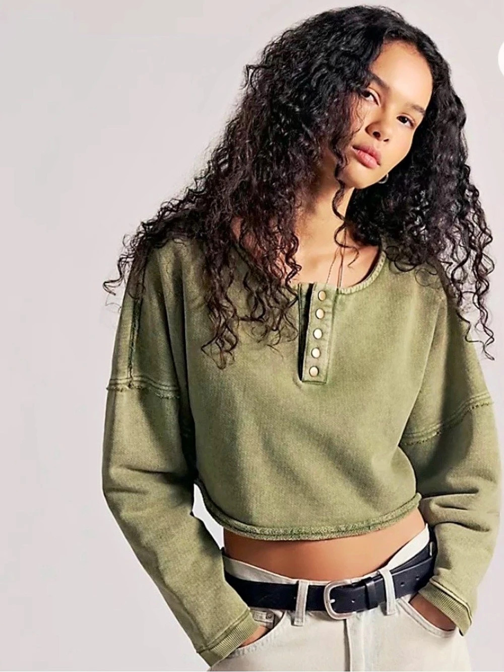 Free People Katie Cropped Henley Sweatshirt. NWT. Palm oasis